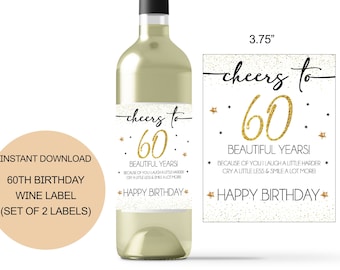 60 Birthday Wine Label -  Happy 60th Birthday Wine Label - Instant Download - Confetti Birthday Label Stickers Set of 2 Birthday Party Gift