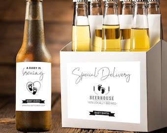 Custom Beer Labels A Baby is Brewing, Custom Funny Baby Announcement, Baby Reveal, Expecting Mother Gift, Beer and Carrier Labels, Parents