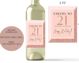Rose Gold Glitter 21st Birthday Wine Label Stickers (Instant Download)