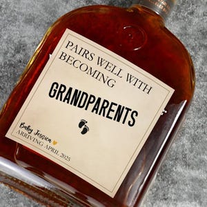 Custom Pregnancy Reveal Whiskey Label Bottle Woodford Pregnancy Announcement Pairs well with Aunt Uncle Grandparents, Baby Announcement Gift