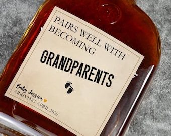 Custom Pregnancy Reveal Whiskey Label Bottle Woodford Pregnancy Announcement Pairs well with Aunt Uncle Grandparents, Baby Announcement Gift