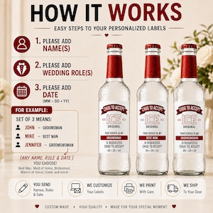 May include: Three clear glass bottles with red caps and personalized white labels featuring the text CHUG TO ACCEPT ICE ORIGINAL. The labels include spaces for names, wedding roles, and dates, with instructions on how to customize the order.