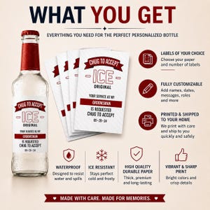 May include: A clear glass bottle with a red cap and a white label featuring the text CHUG TO ACCEPT ICE ORIGINAL YOUR SERVICE AS MY GROOMSMAN IS REQUESTED CHUG TO ACCEPT 05-20-24. Includes a stack of matching labels and icons for product features.