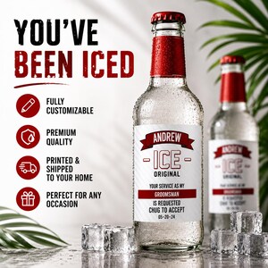 May include: Two clear glass bottles with red caps and condensation, featuring white labels with red text reading YOU'VE BEEN ICED, ANDREW, ICE ORIGINAL, YOUR SERVICE AS MY GROOMSMAN IS REQUESTED CHUG TO ACCEPT, and 05-20-24, surrounded by ice cubes.