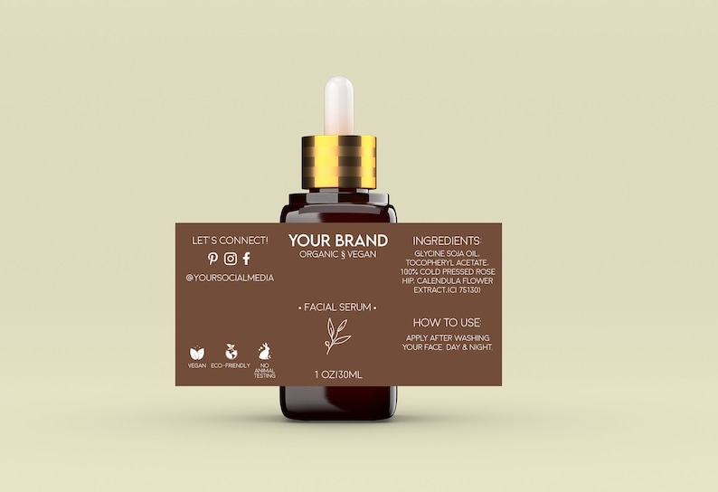 May include: A brown glass bottle with a gold dropper top, labeled "YOUR BRAND" and "FACIAL SERUM." The label also includes social media icons, ingredients, and usage instructions. The bottle contains 1 fl oz (30ml) of product.