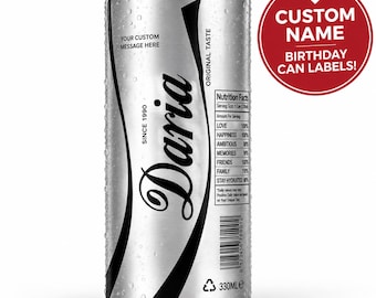 Gepersonaliseerde sticker met naam voor een blikje Coca-Cola Diet Coke (330 ml), suikervrije sticker voor een verjaardag, verjaardagsfrisdrank
