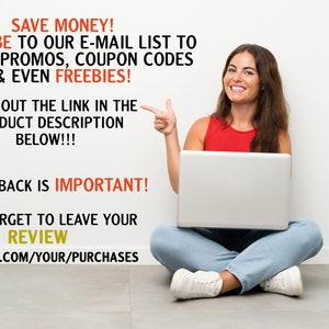 May include: A woman in a red top and blue jeans sits cross-legged, pointing at a laptop. Text on the wall reads "SAVE MONEY! SUBSCRIBE TO OUR E-MAIL LIST" and "YOUR FEEDBACK IS IMPORTANT!" with a link to Etsy purchases.