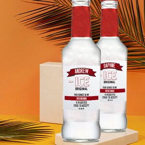 May include: Two clear glass bottles with red caps and custom labels. The left label reads ANDREW - ICE ORIGINAL YOUR SERVICE AS MY GROOMSMAN IS REQUESTED CHUG TO ACCEPT 05-20-24. The right label reads DAPHNE - ICE ORIGINAL YOUR SERVICE AS MY BRIDESMAID IS REQUESTED CHUG TO ACCEPT 06-10-24.