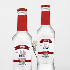 May include: Two clear glass bottles with red caps and red neck labels. The white rectangular labels feature the text "ICE ORIGINAL" and personalized requests for a bridesmaid and a groomsman, including the phrases "CHUG TO ACCEPT".