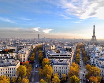 Paris Photography Wall Art Print, France Travel Photo Digital Download, Eiffel Tower Printable Photo, Autumn Yellow Trees Home Decor