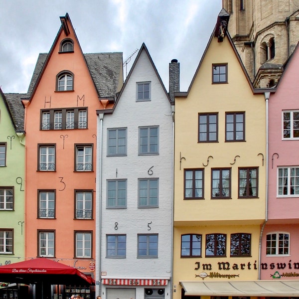Cologne Photography Wall Art Print, Germany Travel Photo Digital Download, Pastel Colored Buildings, Printable Photo, Colorful Home Decor