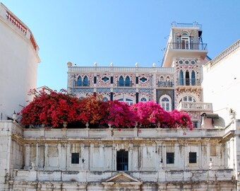Lisbon Portugal Photography Print: Pink Flowers, White Building (Digital Download)