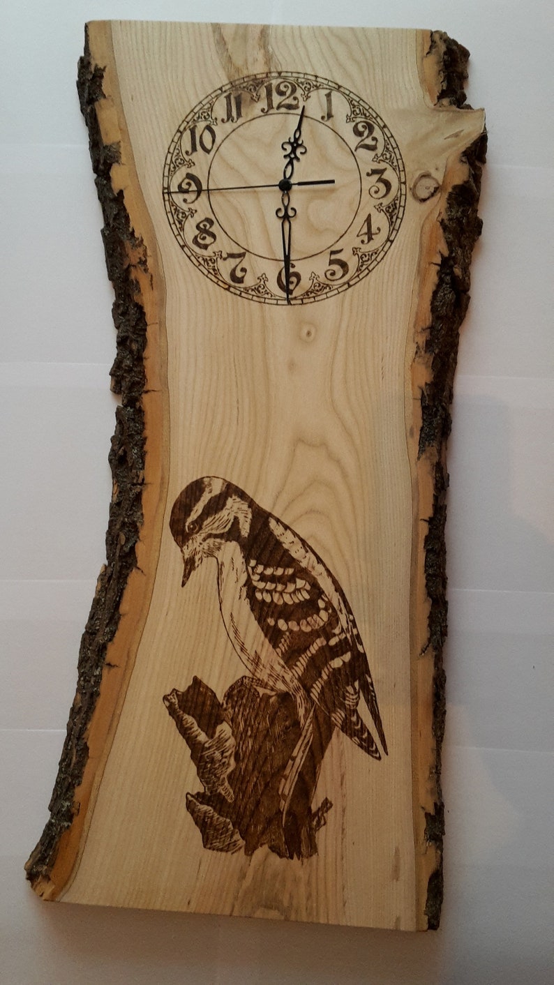 Pyrography Wooden Clock Wall Art Handmade Woodpecker Etsy UK