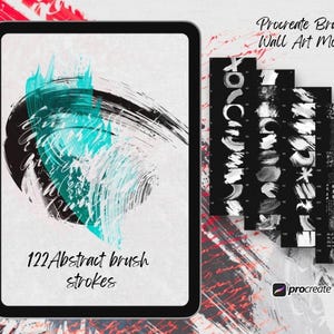 Op de afbeelding: Een digitale tablet met een mockup van een digitale kunstpenseelset met 122 abstracte penseelstreken. De tablet staat op een witte achtergrond met een rood en zwart abstract ontwerp. De tekst "Procreate Brushes + Wall Art Mockups" is zichtbaar bovenaan de afbeelding.