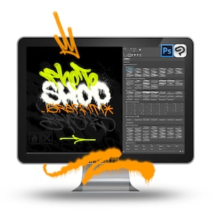 May include: A computer screen displaying a digital art program with a graffiti-style design featuring the words "Photo Shop" and "Braffiti" in yellow, white, and black. The screen also shows a selection of digital brushes in the program.