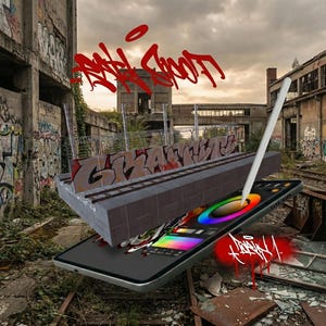 以下が含まれることがあります： スマートフォンとスタイラスを使用したデジタルアートのコンセプト。カラーホイールとグラフィティアートを表示しています。背景には、グラフィティで覆われた壁と線路がある、放棄された工業地帯が描かれています。