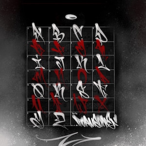 May include: A grid of graffiti-style alphabet letters in white and red against a black and gray background. The letters are stylized with flowing lines and sharp angles. The words "Your Tag" and "MONASING" are also visible.