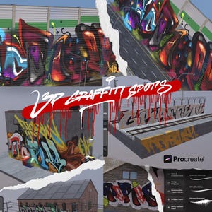 Może przedstawiać: Cyfrowy kolaż przedstawiający miejsca z graffiti 3D z żywymi napisami, teksturami miejskich ścian i torami kolejowymi. Tekst 3D GRAFFITI SPOTS jest wyświetlany na biało na czerwonym pociągnięciu pędzla, obok logo Procreate i menu pędzli.