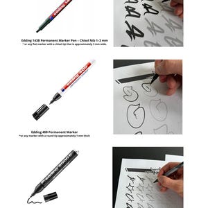 May include: Image of three Edding permanent markers: 143B, 400, and 2000C. The 143B has a chisel nib, the 400 a round tip, and the 2000C also has a round tip. The image also shows examples of the markers being used on paper.