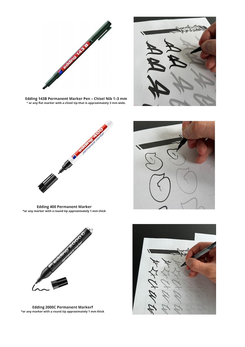 May include: Image of three Edding permanent markers: 143B, 400, and 2000C. The 143B has a chisel nib, the 400 a round tip, and the 2000C also has a round tip. The image also shows examples of the markers being used on paper.