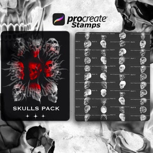 Könnte beinhalten: Ein digitales Kunstpaket mit 16 Schädel-Stempeln für Procreate. Das Paket enthält verschiedene Schädel-Designs, darunter einen roten Schädel vor schwarzem Hintergrund und ein Raster mit Schädeln in verschiedenen Winkeln und Positionen.