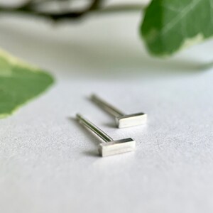May include: A pair of silver bar stud earrings. The earrings are small and simple, with a minimalist design.