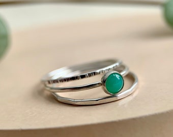 Chrysoprase Ring Set, Skinny Stacking Rings, Green Gemstone Ring, Tiny Ring, Minimal Ring, Dainty Ring, Sterling Silver, Stacker set