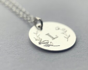 Sterling Silver Floral Initial Necklace: Personalized Pendant