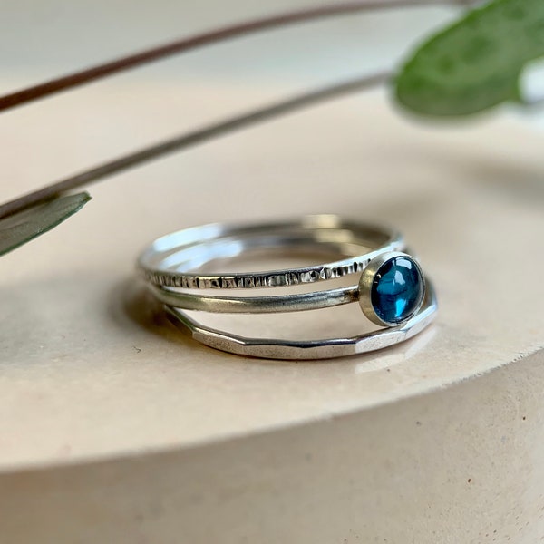 London Blue Topaz Rings, Skinny Stacking Rings, Ring Set, Blue Gemstone Ring, Tiny Ring, Minimal Ring, Dainty Ring, Sterling Silver, Stacker