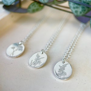 Sterling Silver Oval Birthflower Necklace: Engraved Floral Pendant