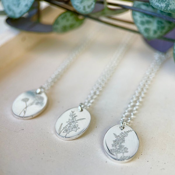 Oval Birth Flower Necklace, Birthday Gift, Memorial Pendant, Minimal Necklace, Birth Flower Jewellery, Silver Jewellery, Memorial jewellery.