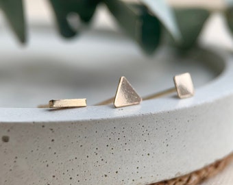 Set of Three Tiny Studs, Solid 9ct Gold, Geometric Jewellery, Triangle Studs, Mismatched Studs, Tiny Earrings, Gold Jewelry.