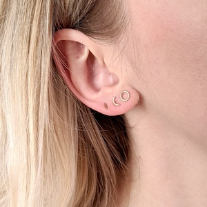 May include: A close-up of a person's ear with three small gold earrings. The earrings are a circle, a crescent moon, and a thin bar.