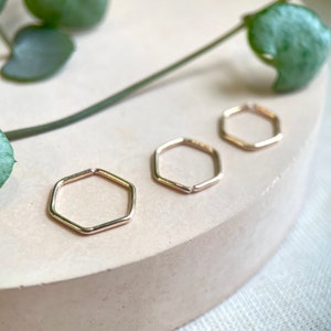 Solid Gold Hexagon Hoop Earring, Different Sized Hoops, Geometric Jewellery, Gold Jewelry, Minimalist Hoop, Tragus, Helix, Lobes, 9ct Gold.