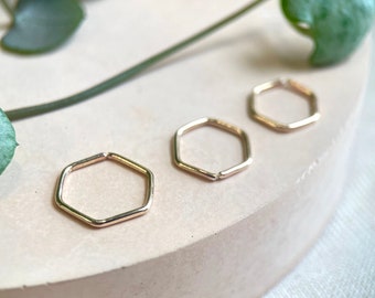 Solid Gold Hexagon Hoop Earring, Different Sized Hoops, Geometric Jewellery, Gold Jewelry, Minimalist Hoop, Tragus, Helix, Lobes, 9ct Gold.