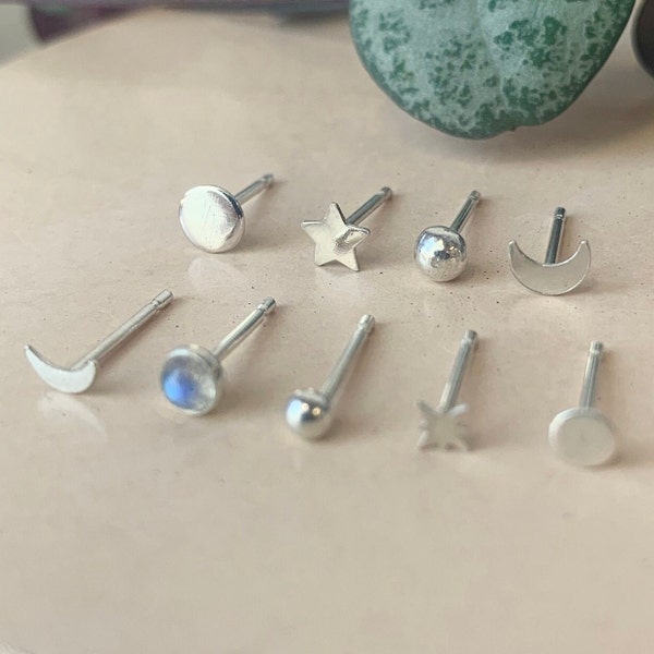 Silver Moon Earrings, Mix and Match Studs, Silver Studs, Tiny Earring Studs, Moon Phase Jewellery, Mismatched Studs, Sterling Silver Stud