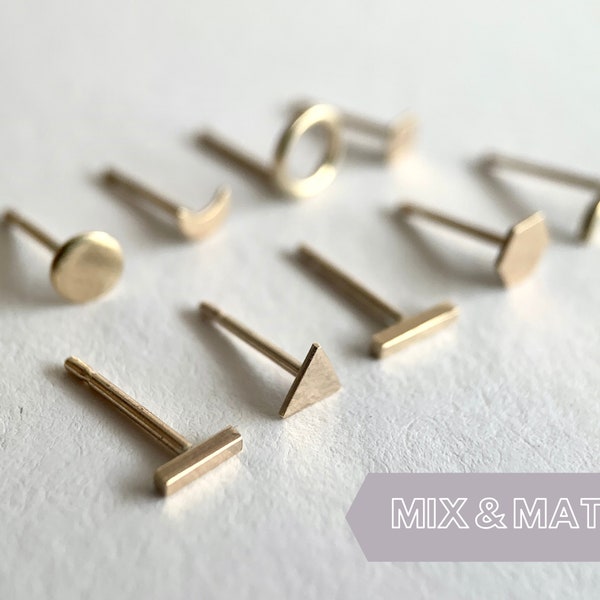 Solid 9ct Gold Geometric Stud Earrings - Mix and Match Set, Tiny Earring Studs, Gold Jewellery, Mismatched Studs, Geometric Gold Jewelry.