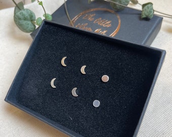 Moon Phase Earring Studs, Sterling Silver Studs, Small Moon Studs, Crescent Moon, Silver Jewelry, set of three studs, moon studs, moon gifts