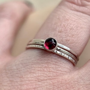 Red Garnet Sterling Silver Ring Set: Hammered Stacking Rings