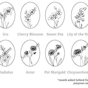 May include: Black and white line drawings of 12 different flowers, each in an oval frame. The flowers are labeled with their names and the month they bloom.