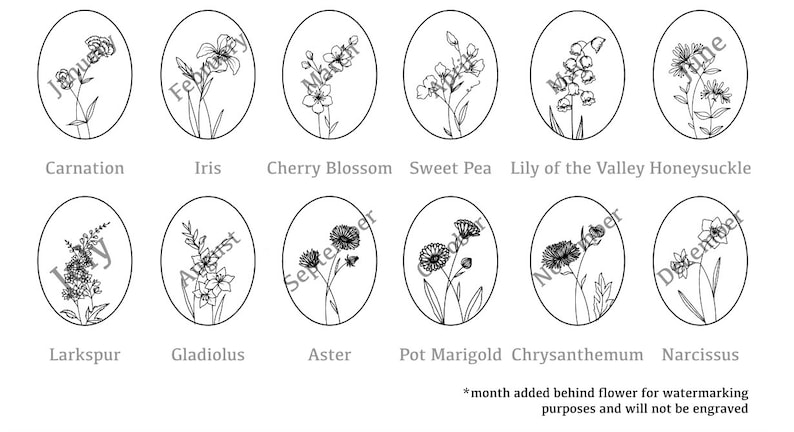 May include: Black and white line drawings of 12 different flowers, each in an oval frame. The flowers are labeled with their names and the month they bloom.