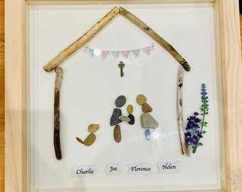 Personalised family home house , Whitby pebble picture, Framed gift, Pebble art