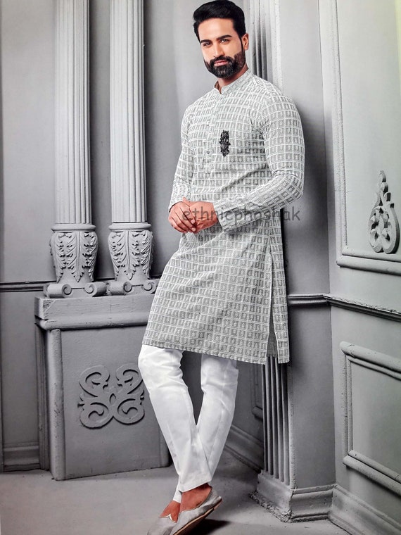 Indian Designer Traditional Stylish Kurta Pajama Lakhnavi Chikankari Gray Embriodery Self Printed Wedding Party Wear Kurta Pajama for Men