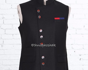 Giacca Nehru in seta nera, gilet da matrimonio indiano