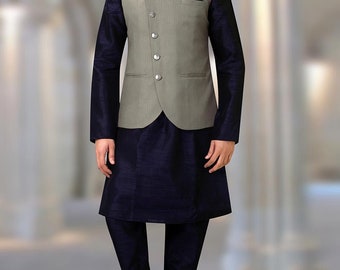 Pijama kurta de seda cruda para hombre con chaqueta modi para fiesta de boda