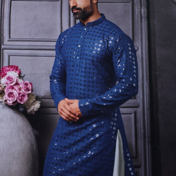 india wear,Blue kurta pajama for men, lakhnavi chikankari ,sherwani  Party Wear Kurta,kameez Salwar Set,  Plus size ethnic wear  Available
