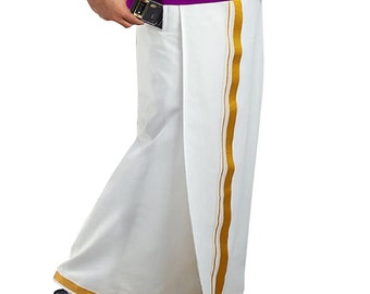 Zuid-Indiase Lungi, witte heren dhoti Katoen gouden Zari rand, Velcro Lungi met zak, Mundu, lungi, annaprasana Jurk, POOJA JURK