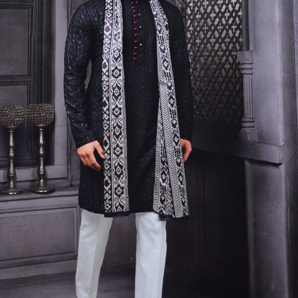 Vêtements ethniques indiens, pyjama kurta noir pour homme, indowestern sherwani, vêtements de fête, vêtements de mariage phoshak ethnique pour hommes, pyjama kurta punjabi pour hommes.