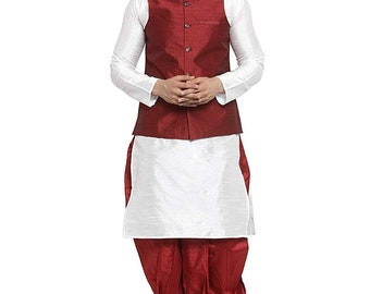 White kurta pajama with red jacket sale
