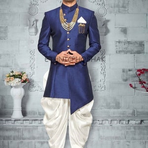 Indian Sherwani for Men Wedding Blue Bandhgala Dress Jodhpuri Suit Style Traditional Ethnic Indo-Western Kurta Top Suit Blazer Coat
